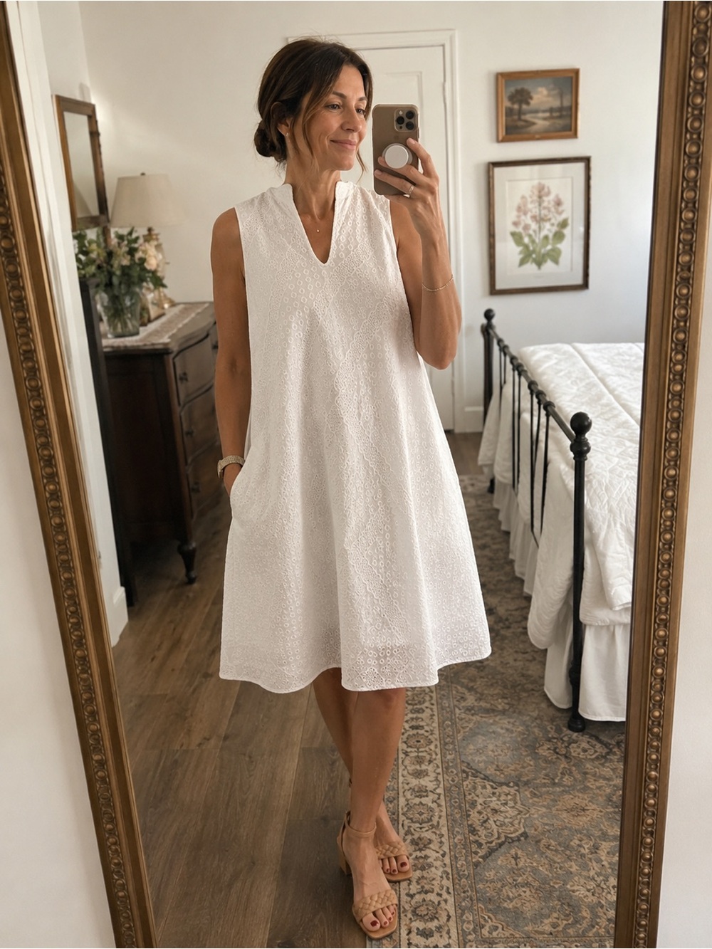 Calvin Klein White Eyelet V-Neck Sleeveless Midi Dress